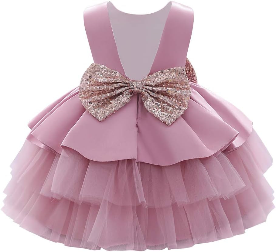Toddler Baby Flower Girls Sequins Bowknot Tutu Dress Princess Pageant Wedding Birthday Party Backless Puffy Tulle Gown