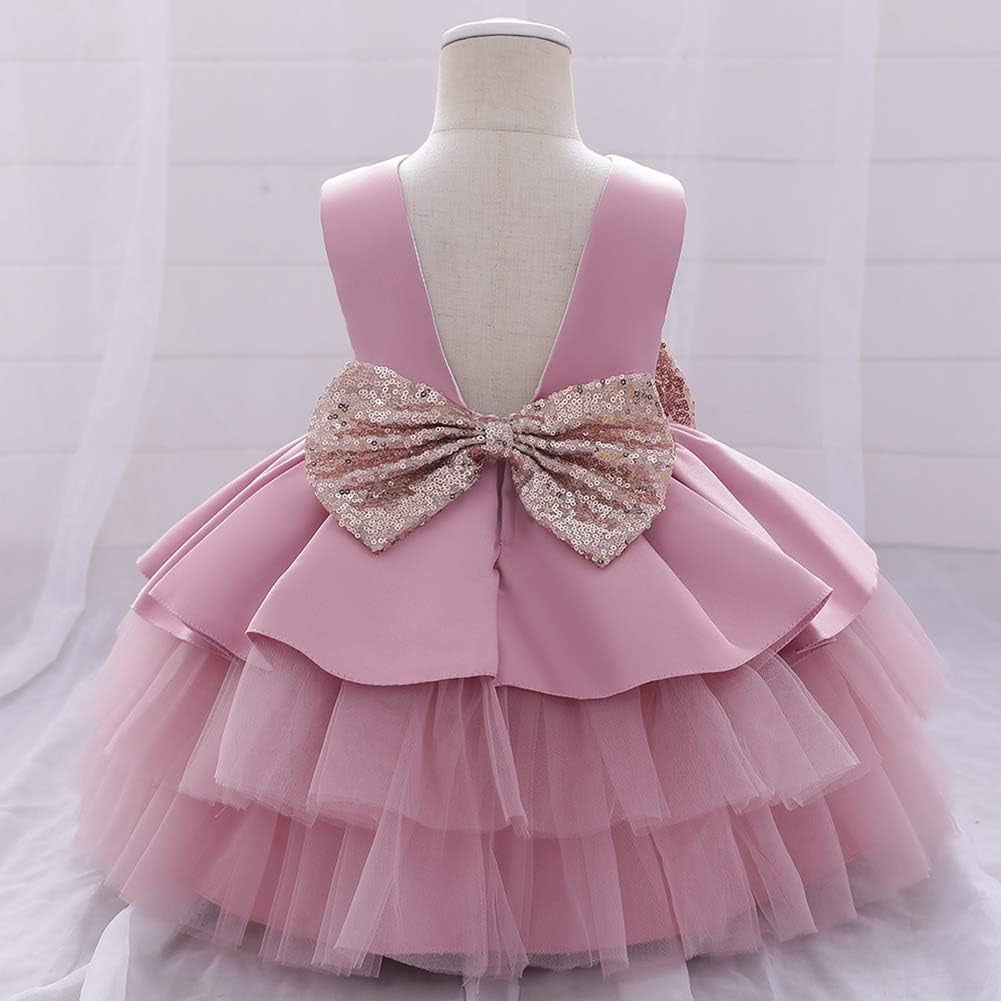 Toddler Baby Flower Girls Sequins Bowknot Tutu Dress Princess Pageant Wedding Birthday Party Backless Puffy Tulle Gown