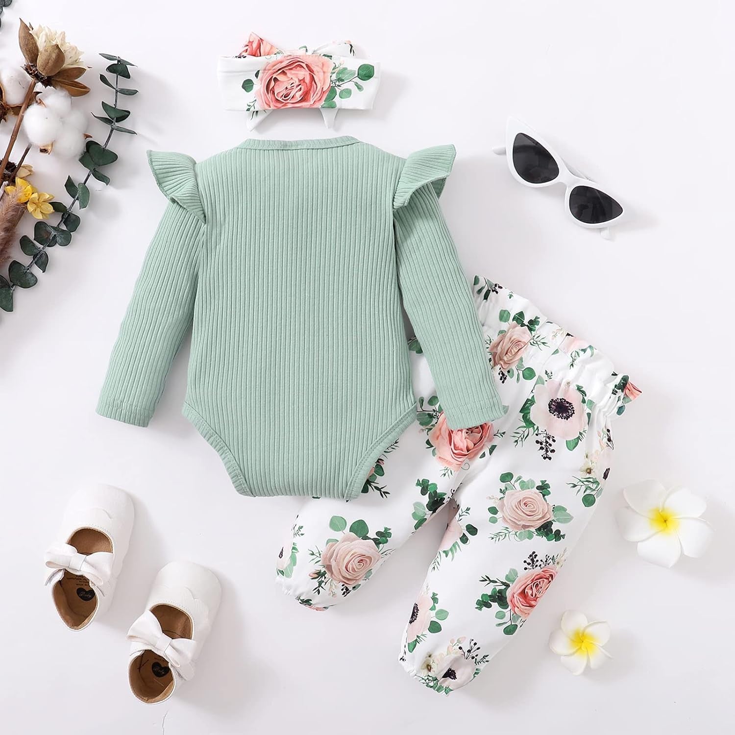 Newborn Baby Girl Clothes, Infant Girl Outfits Long Sleeve Ruffle Romper + Stripe Pants + Headband Set