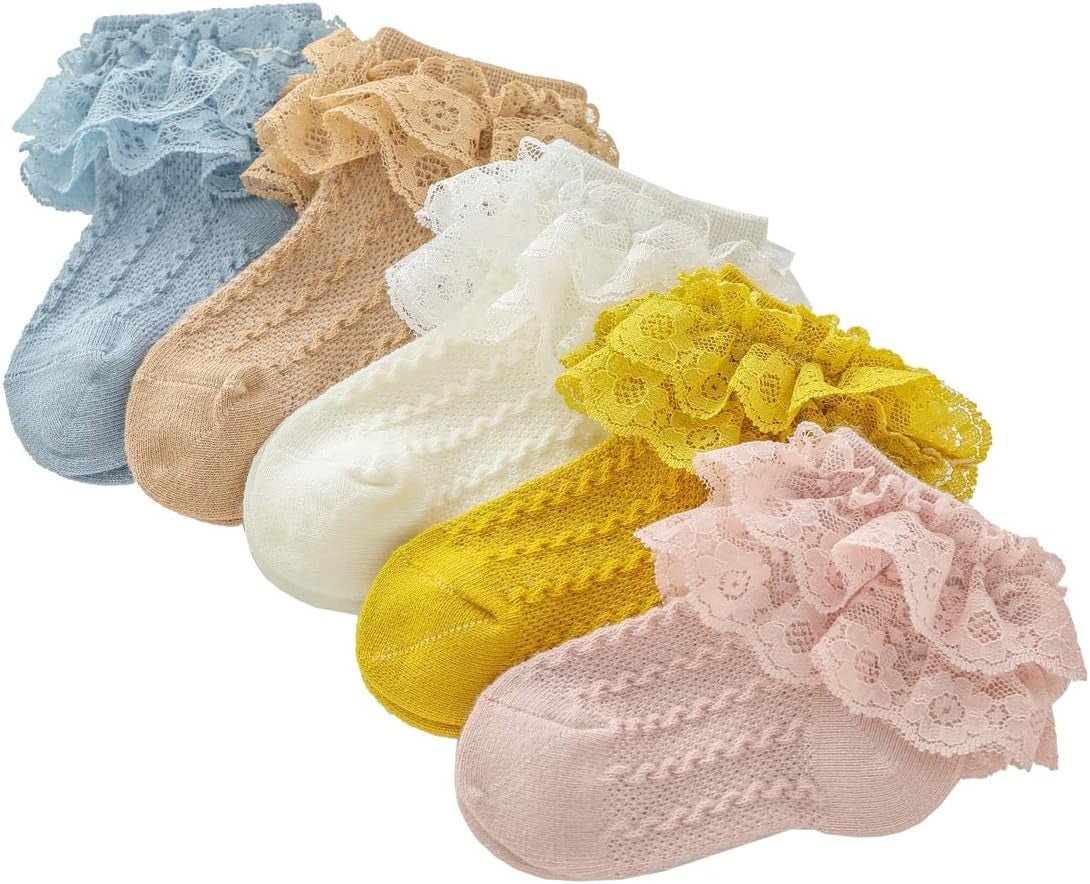 5 Pairs Toddler Baby Girl Ruffle Eyelet Lace Socks Princess Frilly Knit Cotton Short Socks for Infants Toddlers