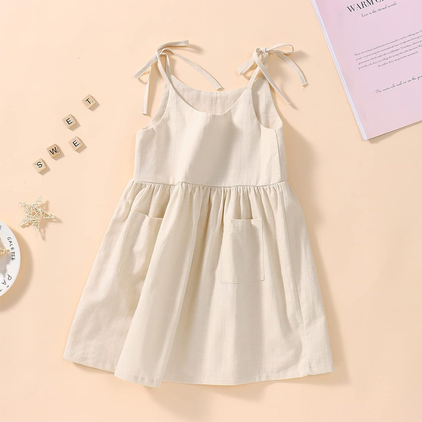 Toddler Baby Girl Summer Cotton Linen White Dresses Bow Straps Sleeveless with Pockets Little Girls Beach Sundress