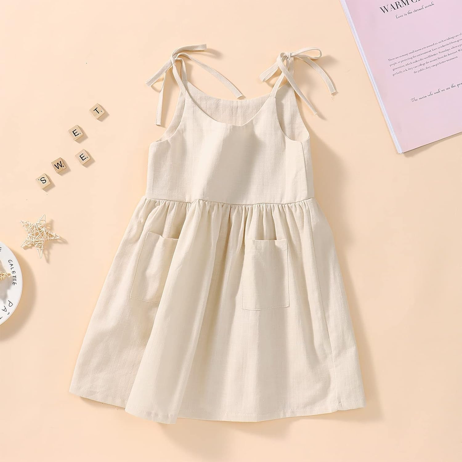 Toddler Baby Girl Summer Cotton Linen White Dresses Bow Straps Sleeveless with Pockets Little Girls Beach Sundress