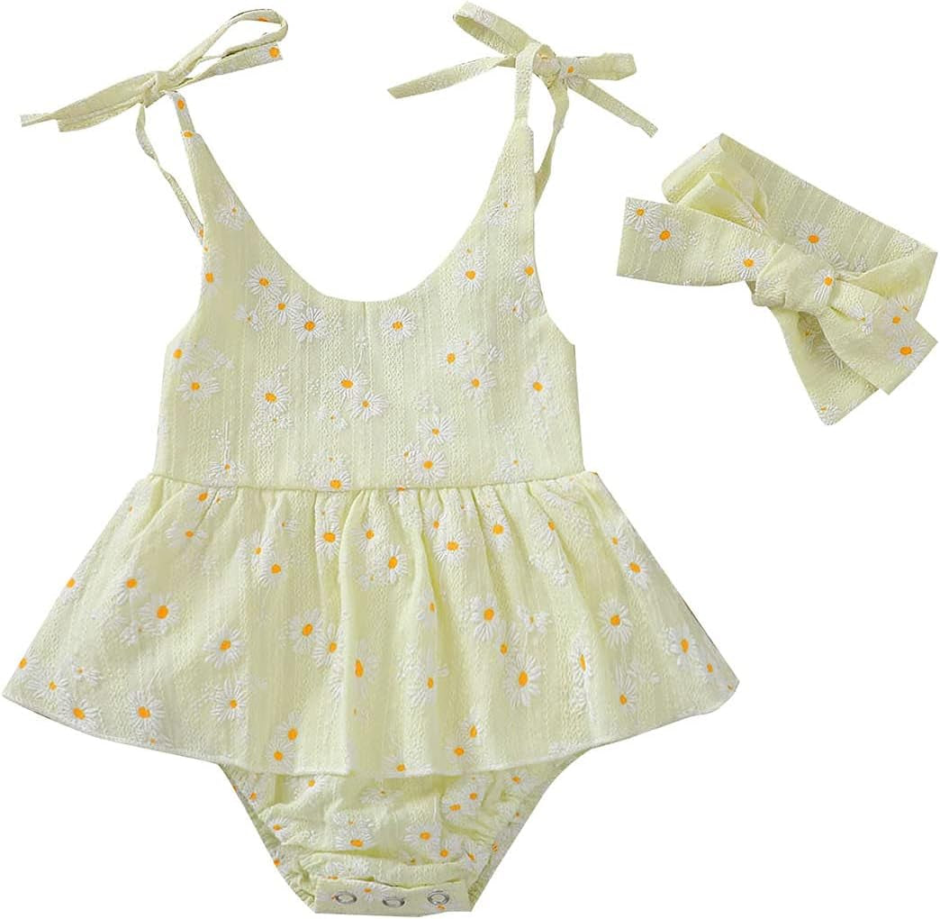 Baby Girls Daisy Playsuits Bodysuit+Headband Print Halter Romper Floral Jumpsuit Infant Summer Clothes