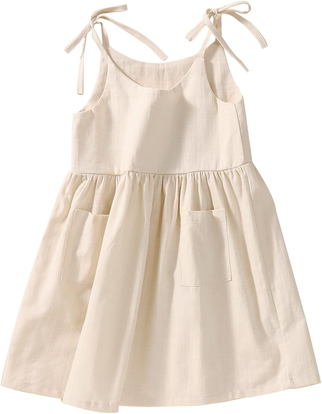 Toddler Baby Girl Summer Cotton Linen White Dresses Bow Straps Sleeveless with Pockets Little Girls Beach Sundress