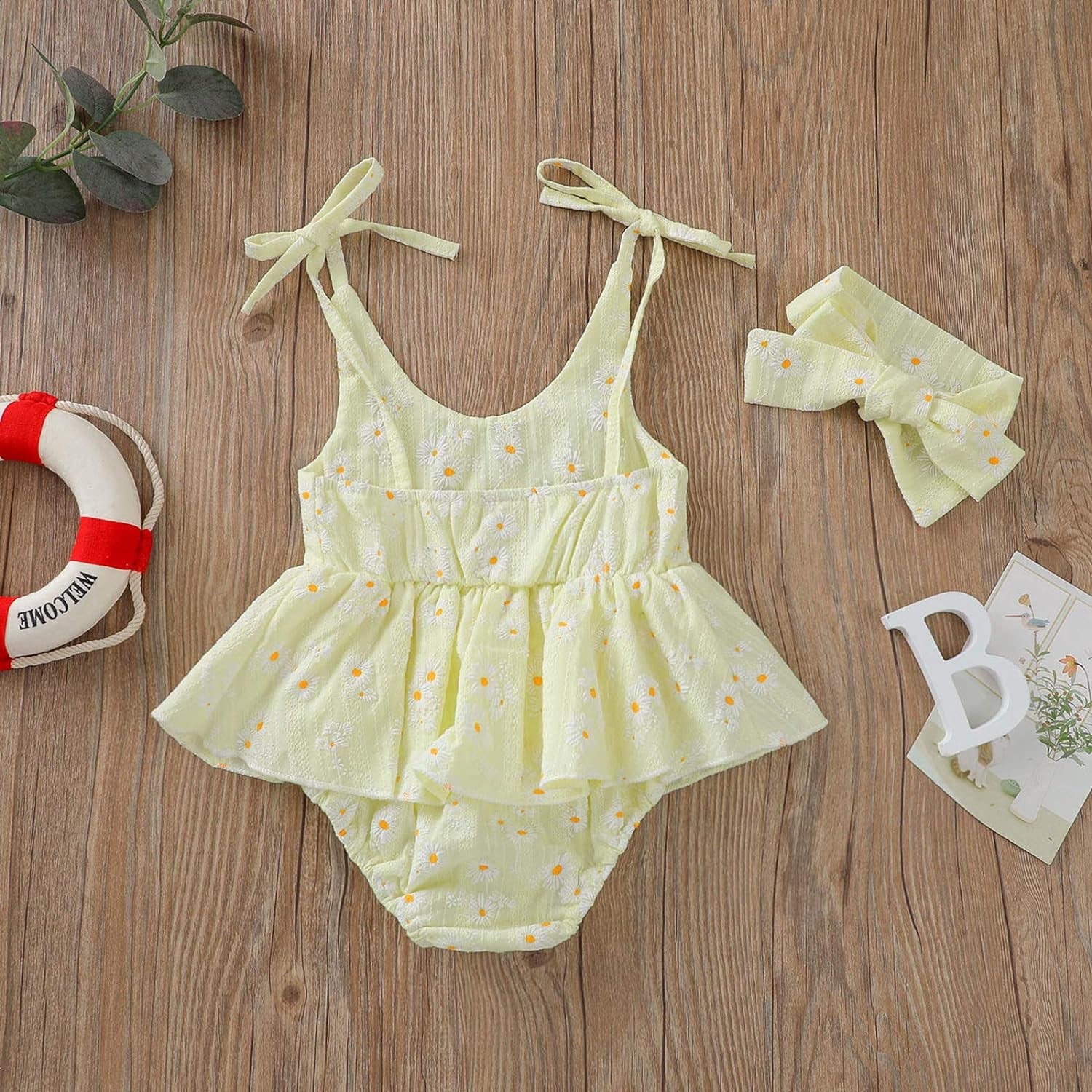 Baby Girls Daisy Playsuits Bodysuit+Headband Print Halter Romper Floral Jumpsuit Infant Summer Clothes