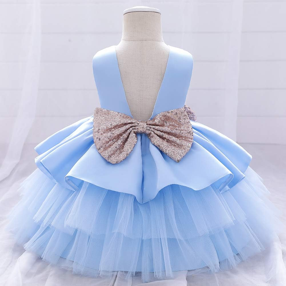 Toddler Baby Flower Girls Sequins Bowknot Tutu Dress Princess Pageant Wedding Birthday Party Backless Puffy Tulle Gown