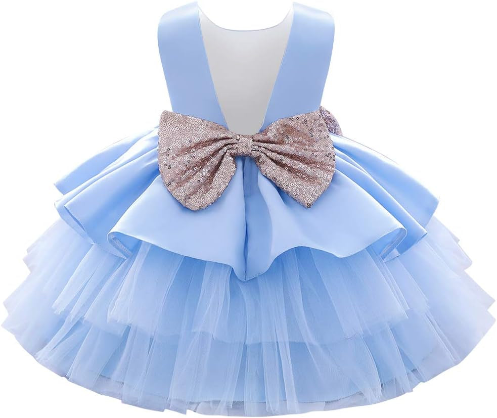 Toddler Baby Flower Girls Sequins Bowknot Tutu Dress Princess Pageant Wedding Birthday Party Backless Puffy Tulle Gown